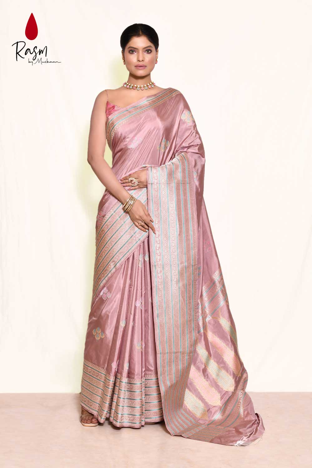 Rose Gold Pure Katan Silk Banarasi Handloom Saree With Kadhua Meena Boota
