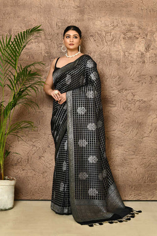 Black And Silver Mushru Satin Banarasi Handloom Saree