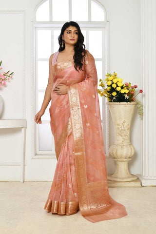 Rangkat Peach Pink Pure Kora Organza  Banarasi Handloom Silk Saree With Gold-silver Booti And Floral Border