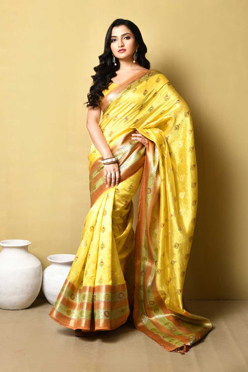 Yellow Pure Katan Dupion Silk Banarasi Handloom Saree With Meenakari Boota And Border