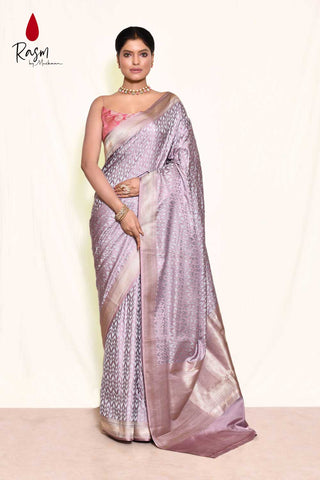 Lilac Grey Pure Katan Banarasi Handloom Kadhua Saree