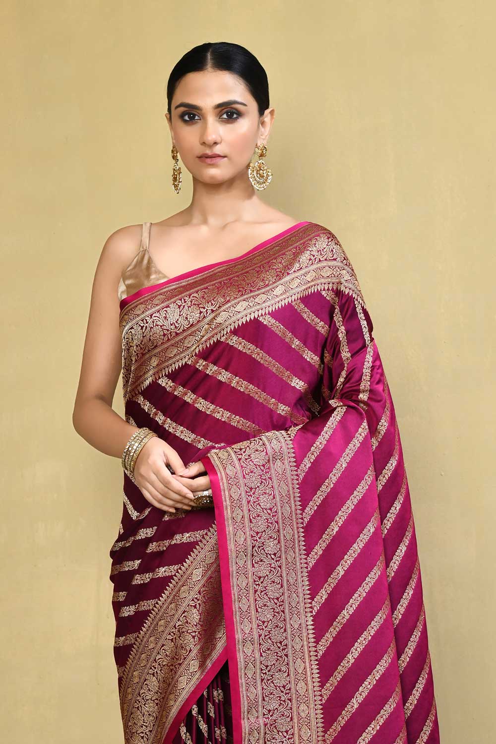 Banarasi Handloom Saree With Contemporary Adda Stripe Pattern Design