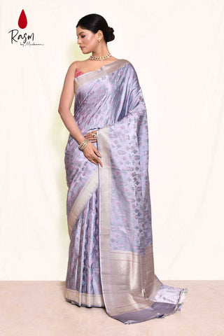 Grey Pure Katan Silk Kadhua Banarasi Handloom Saree