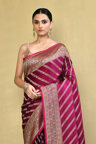 Magenta Pink Banarasi Handloom Saree With contemporary adda stripe pattern Design