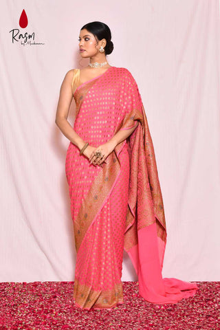 Pink Pure Khaddi Georgette Silk Banarasi Handloom Saree With Meenakari Boota