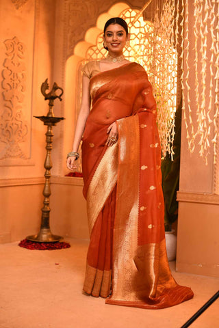 Rust Pure Kora Organza Banarasi Handloom Silk Saree With Kadhua Boota In Gold Zari