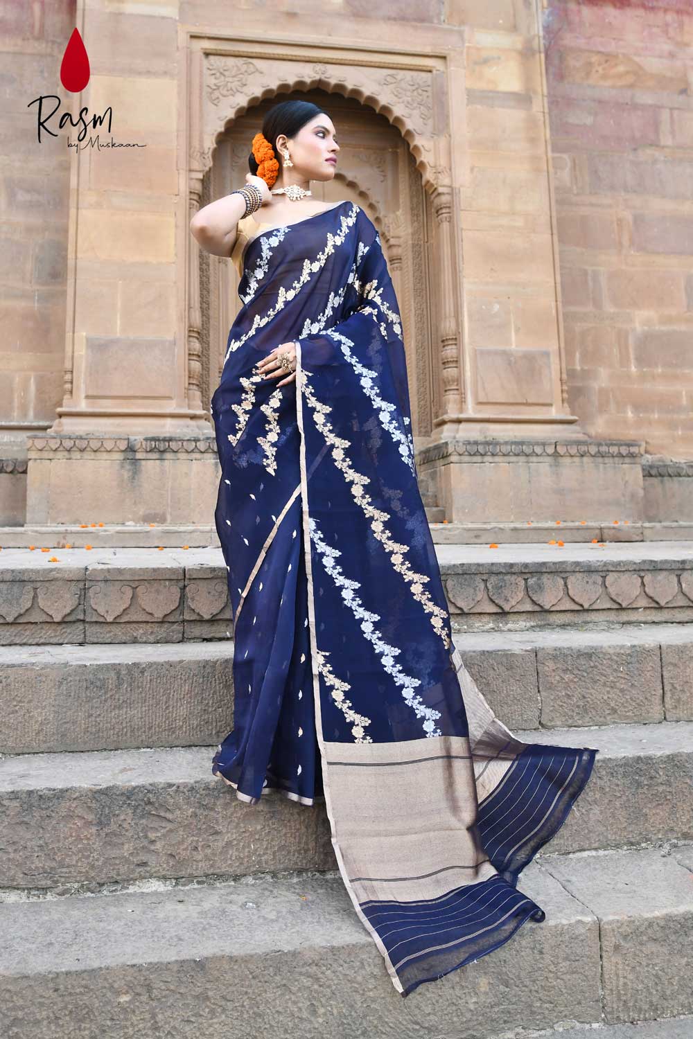 Navy Blue  Pure Kora Organza Banarasi Handloom Silk Saree With Modern Contemporary Body Handwoven In Ropa And Sona Zari