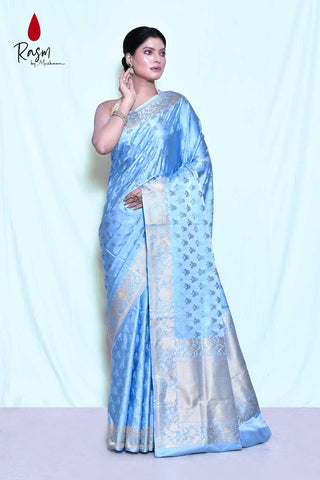 Blue Pure Katan Mushru Silk Banarasi Handloom Saree With Kadhua Border