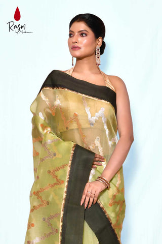 Pure Kora Organza Banarasi Handloom Silk Saree With Modern Contemporary Body Handwoven In Ropa And Sona Zari