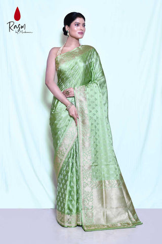 Green Pure Katan Mushru Silk Banarasi Handloom Saree With Kadhua Border