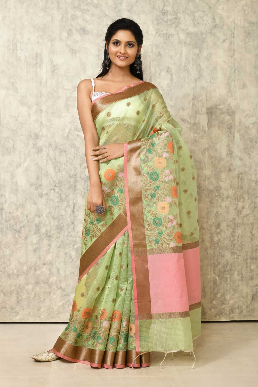 Pista Green Cotton Kota Check Banarasi Handloom Saree With