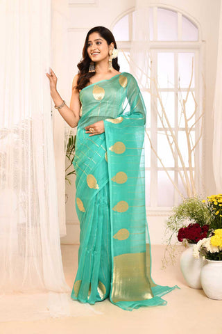 Turquoise Pure Kora Organza Banarasi Handloom Silk Saree