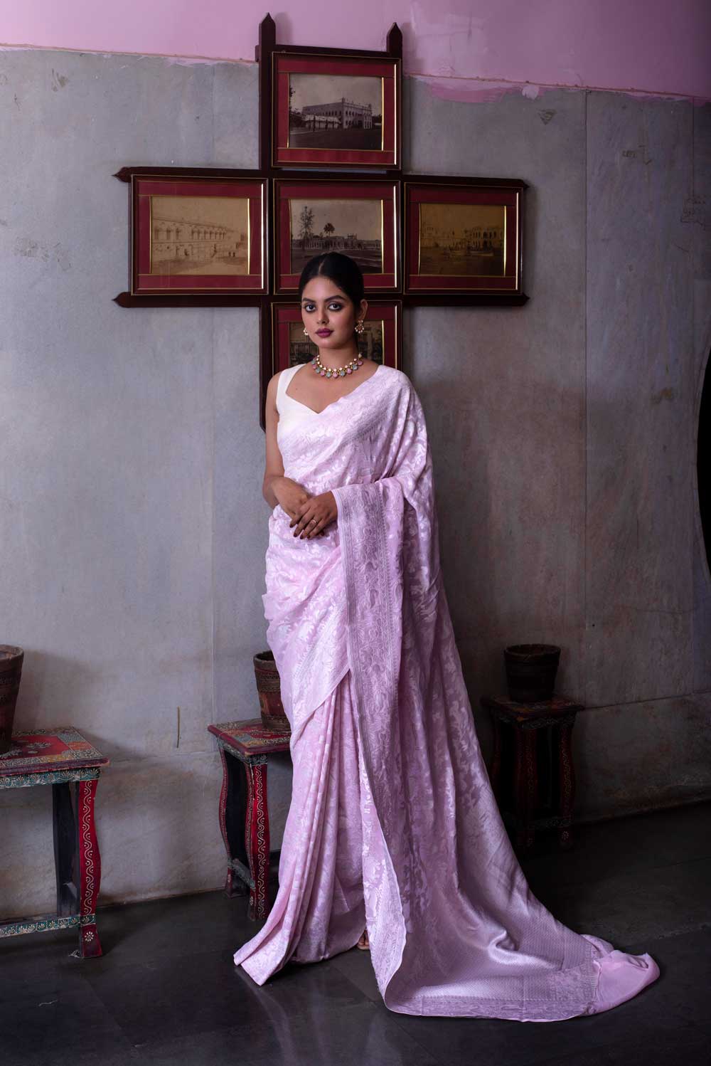 Pastel Pink  'shikargah'  Pure Khaddi Georgette Banarasi Handloom Saree Handwoven With Silver Zari