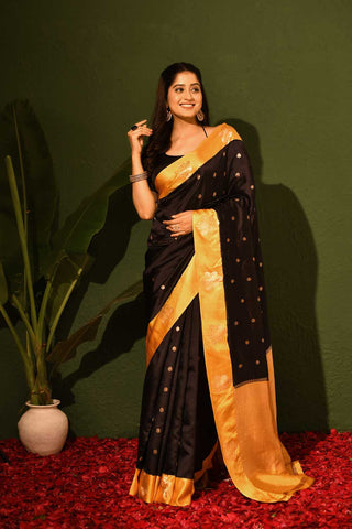 Black Pure Katan Silk Silk Banarasi Handloom Saree With Contrast Kadhua Border