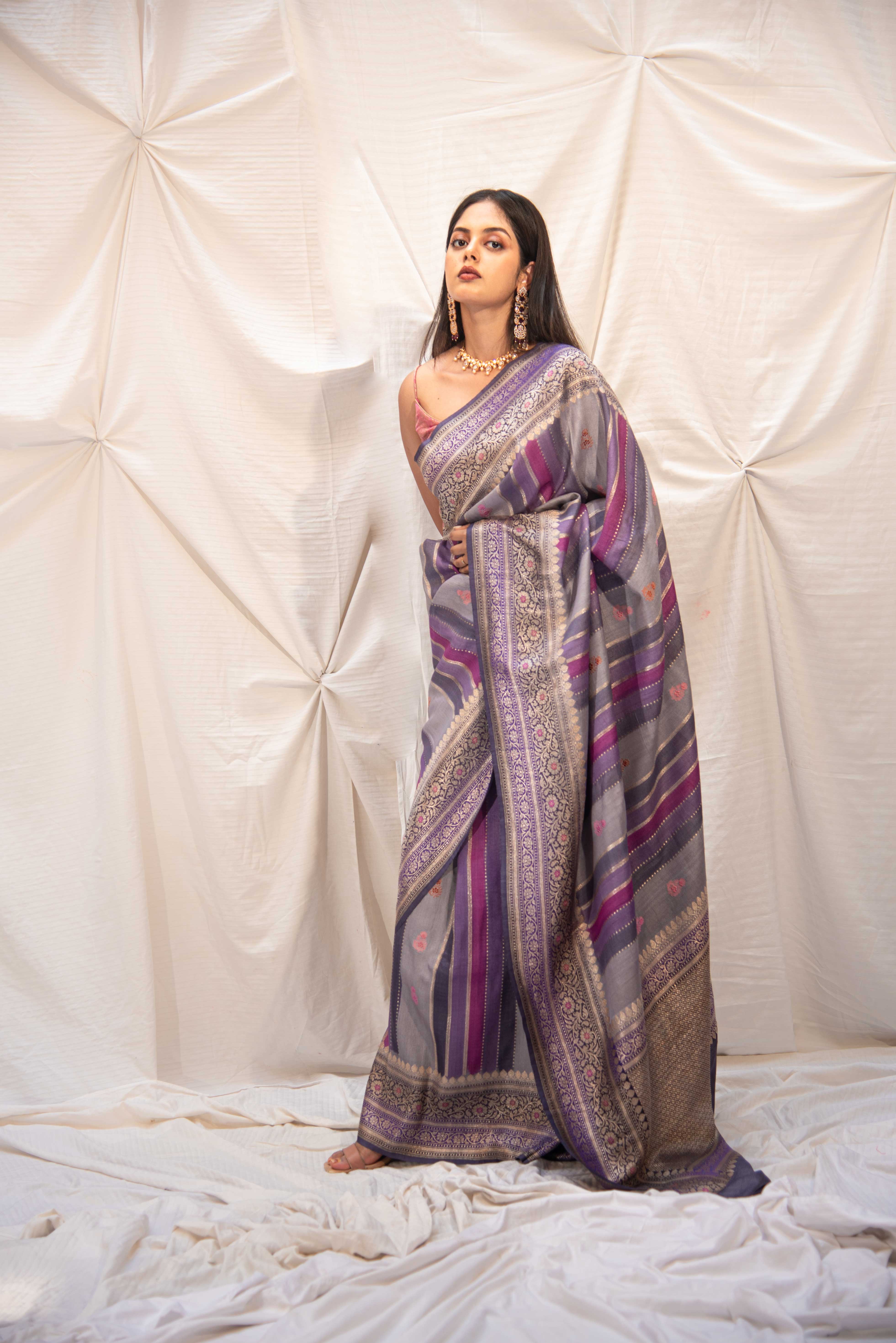 Rangkat Pure Tussar Georgette Banarasi handloom silk saree with stripe-patterned body- Kadhua boota and Meenakari border