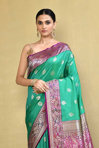 Green - Magenta Banarasi Saree With Meenakari Border