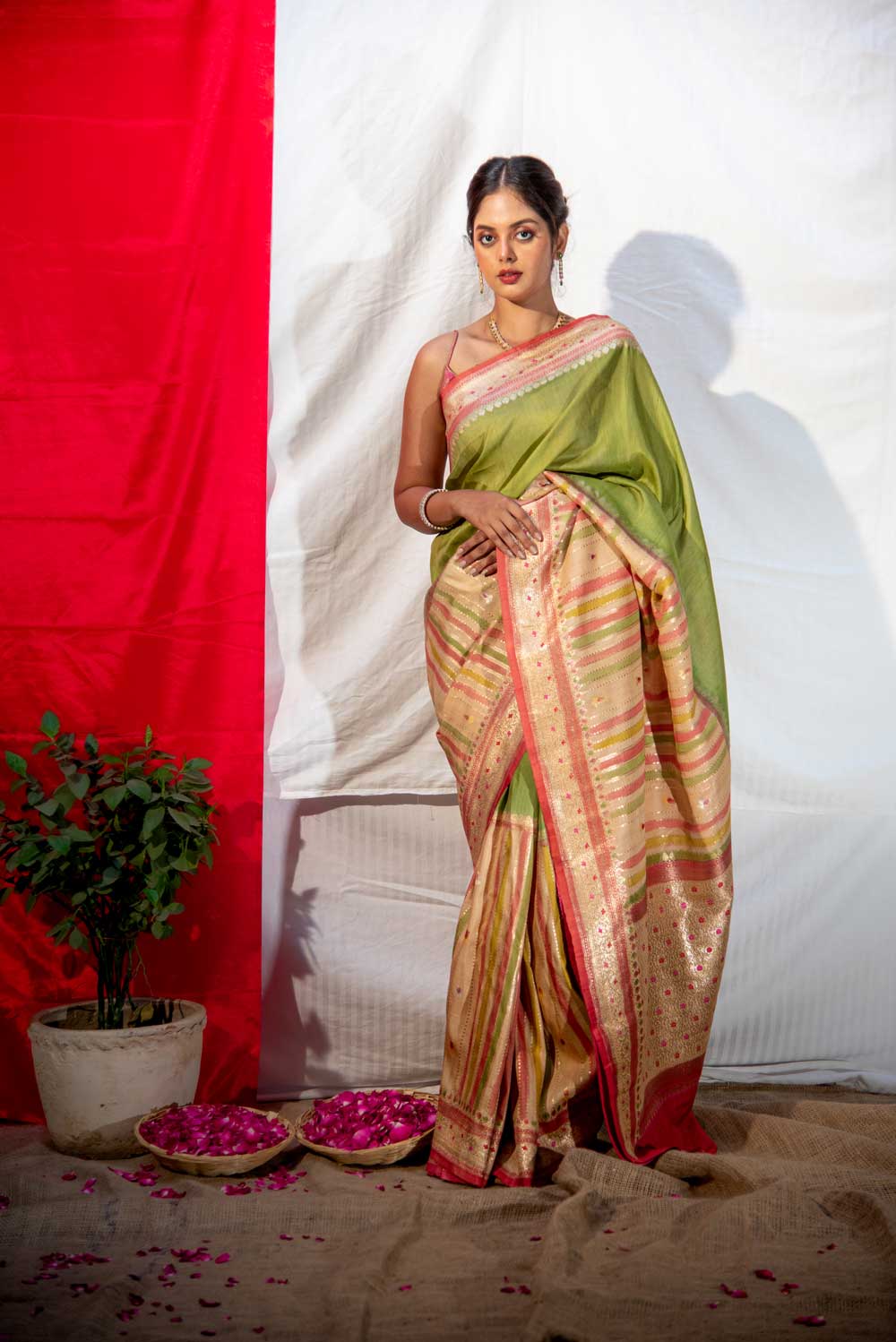 Multi Rangkat Pure Tussar Georgette Silk Banarasi Handloom Saree with a modern contemporary body and Meenakari border.