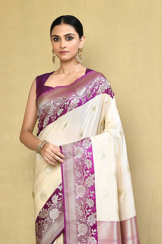 Off - white and Magenta Purple Banarasi Handloom Saree with Contrast Border
