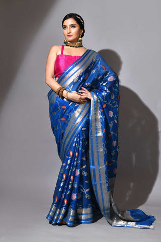 Royal Blue Pure Kota Check Banarasi Handloom Saree With Meenakari Jaal