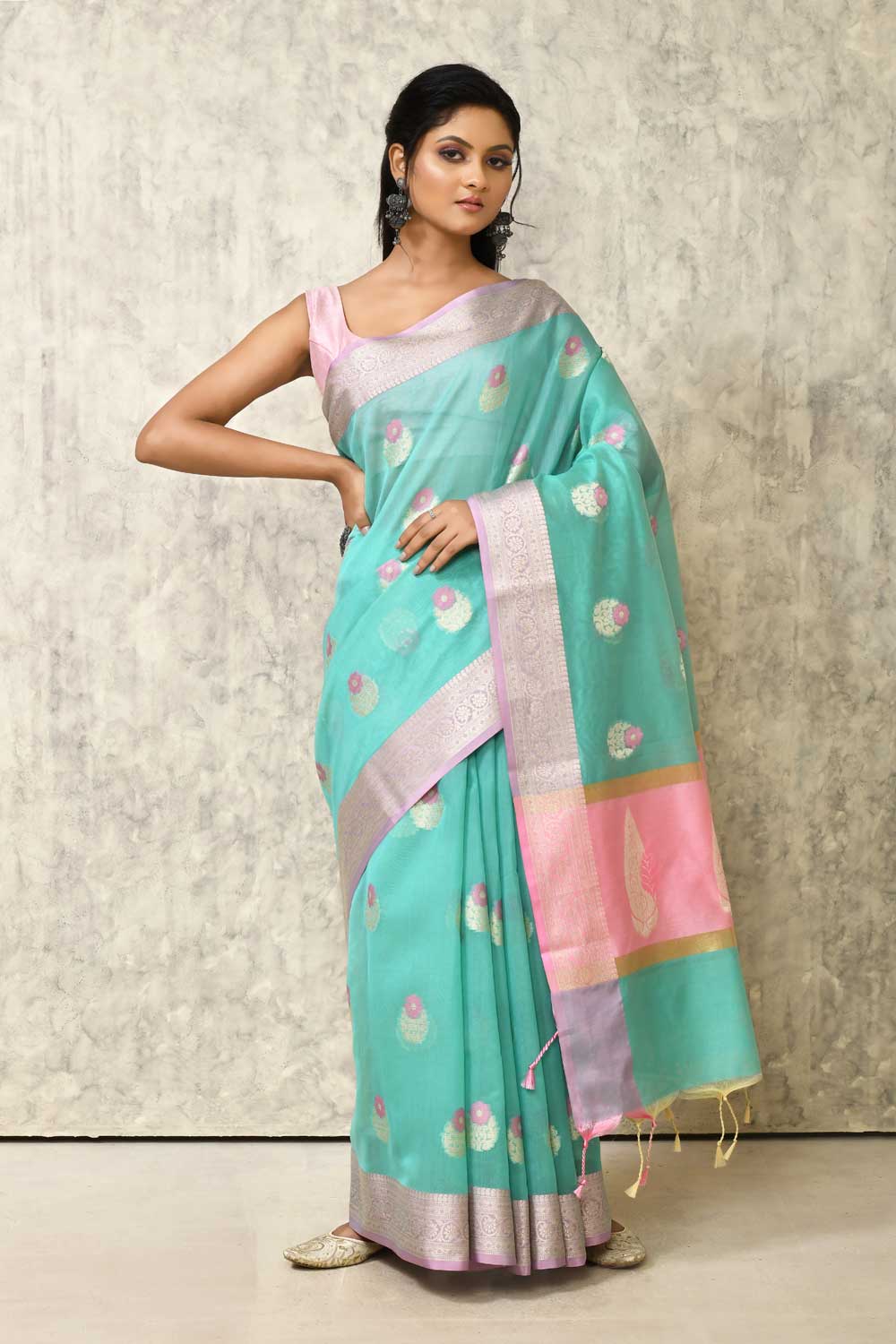 Pastel Sea  Green Cotton Silk Banaras Handloom Saree With Handwoven Meenakari Boota