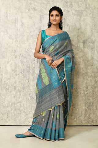Grey Pure Cotton Silk Banarasi Handloom Saree With Handwoven Resham Boota