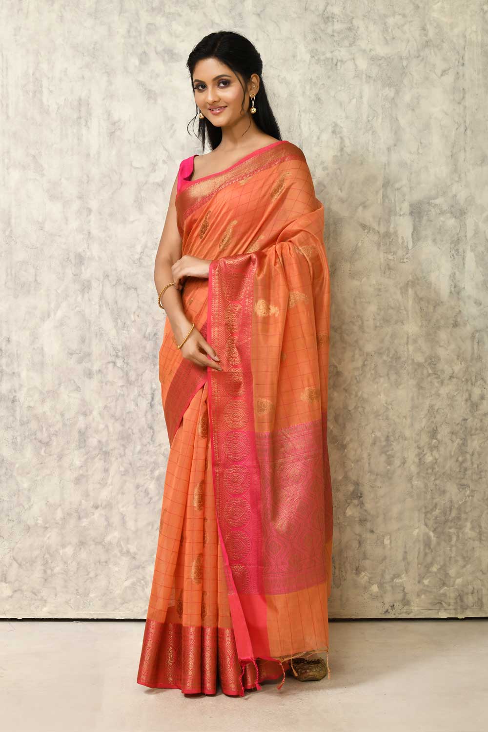 Orange Pure Cotton Silk Banarasi Handloom Saree With Handwoven Gold Zari Boota And Contrast Pink Border