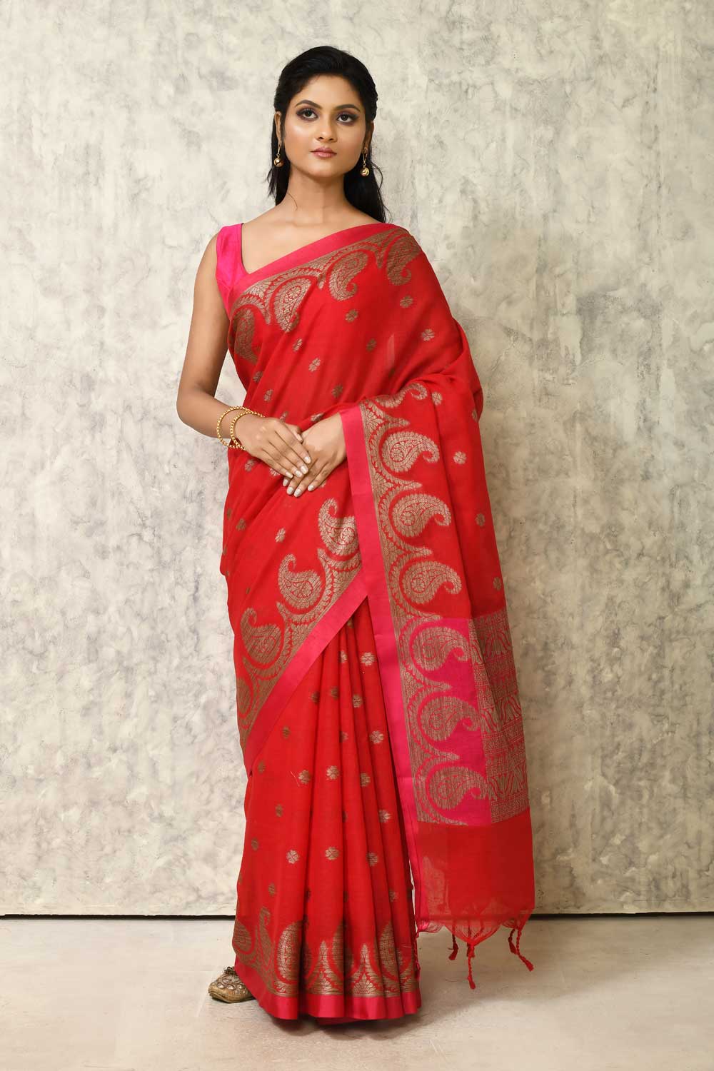 Blood Red Cotton Linen Banarasi Handloom Saree