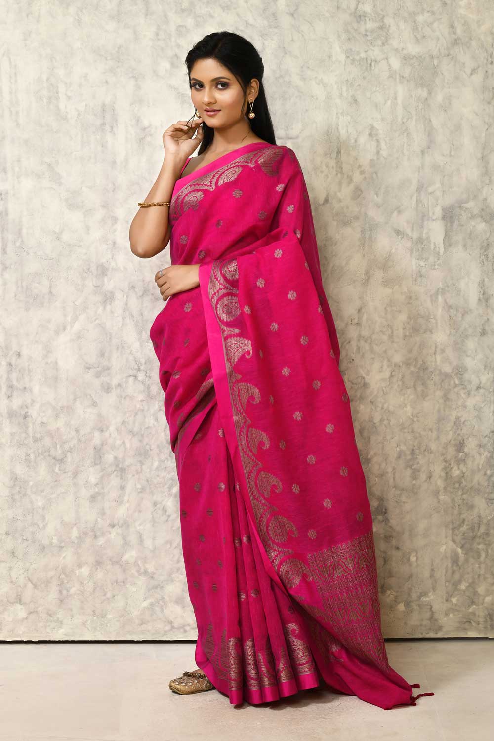 Rani Pink Cotton Linen Banarasi Handloom Saree