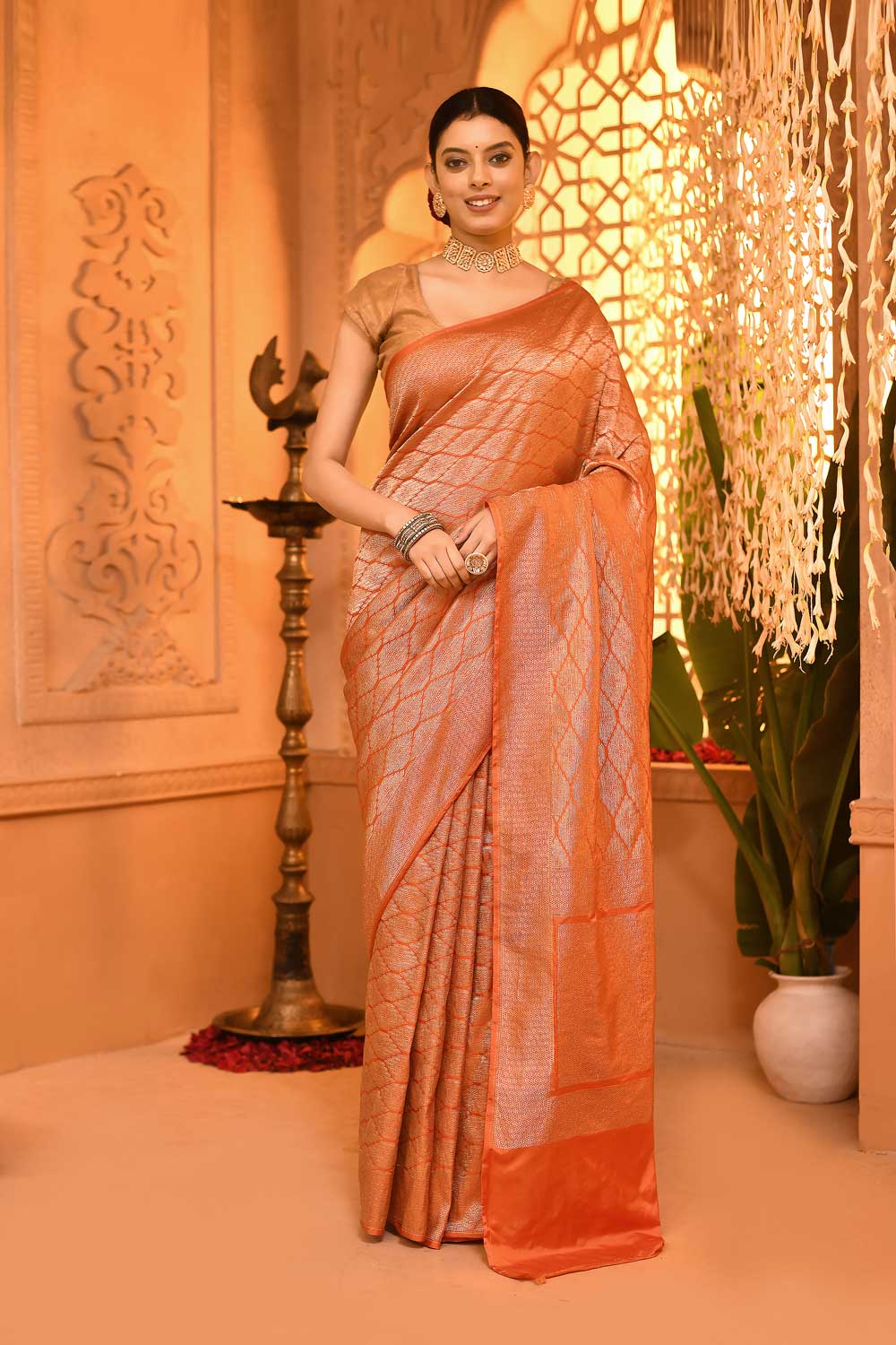 Orange Mushru Satin 'Brocade' Banarasi Handloom Saree