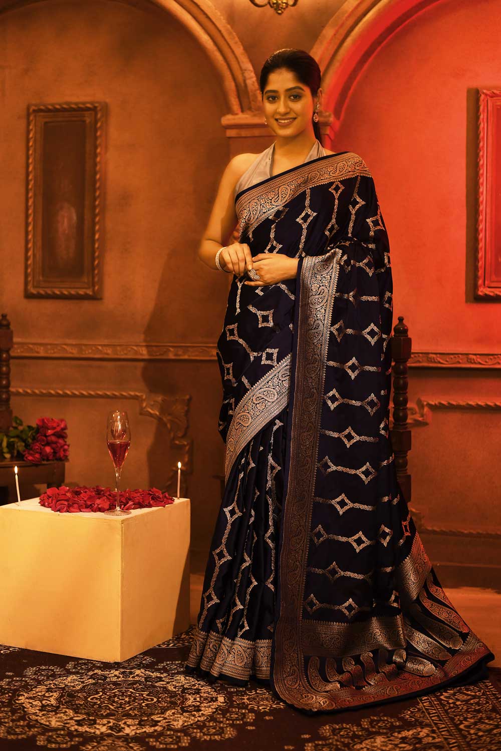 Navy Blue Mushru Satin Banarasi Handloom Saree With Contemporary Pattern Design And Paisley Border