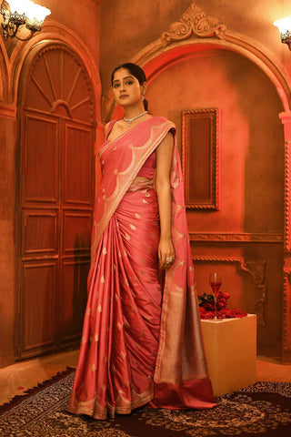 Pink Mushru Satin Banarasi Handloom Saree With Blouse