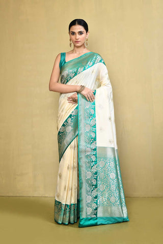 Off- White and Green Banarasi Handloom saree with Contrast Border