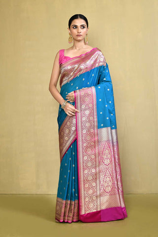 Blue and Pink Banarasi Handloom Saree with Contrast Border