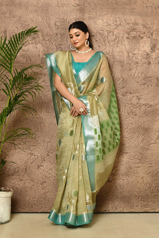 Olive Green Pure Kora Organza Banarasi Handloom Silk Saree With Contrast Border