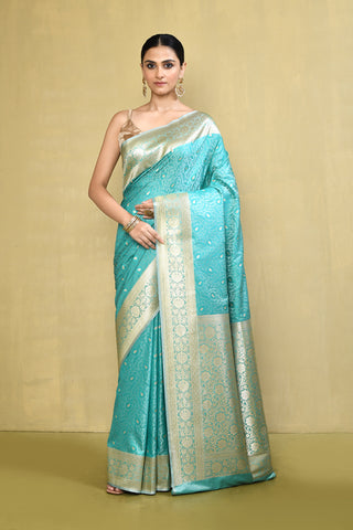 Dreamy Blue Handloom Tanchoi Banarasi Saree, Artisan Border