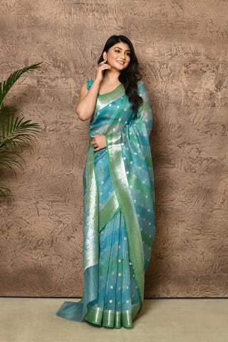 Rangkat Ocean Blue Pure Kora Organza Banarasi Handloom Silk Saree With Roopa Sona Booti