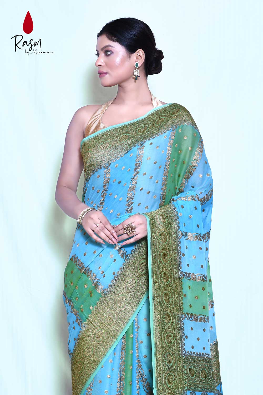 Rangkat Pure Khaddi Georgette Banarasi Saree with Striped Pattern Body