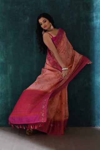 Peach-pink Pure Katan Dupion Silk Banarasi Handloom Saree With Meenakari Border