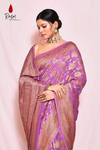 'Lavender' Pure Khaddi Georgette Silk Banarasi Handloom Saree With Meenakari Jaal