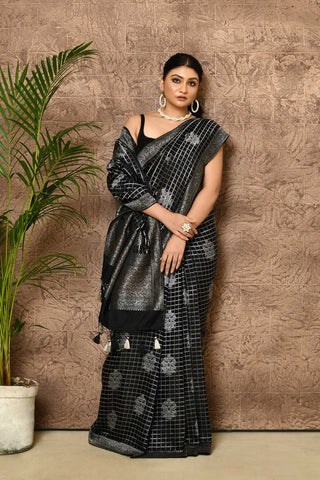 Black And Silver Mushru Satin Banarasi Handloom Saree