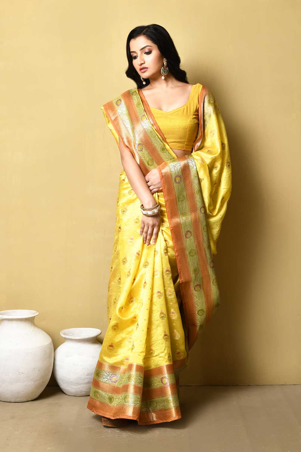 Yellow Pure Katan Dupion Silk Banarasi Handloom Saree With Meenakari Boota And Border