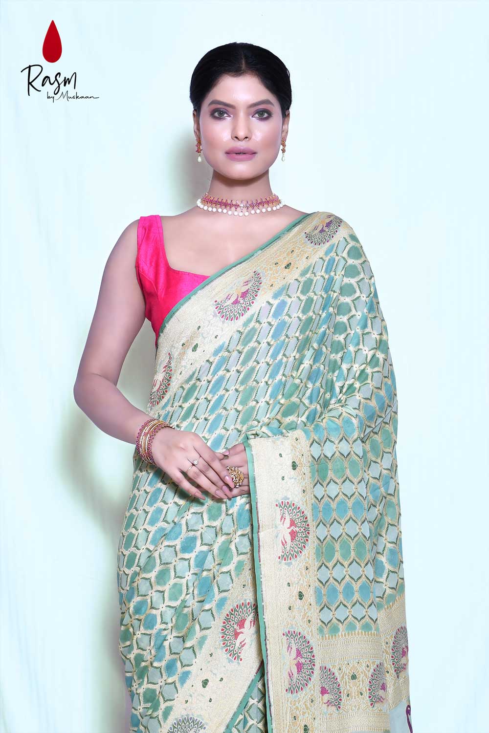 Green 'rangkat' Pure Khaddi Georgette Silk Banarasi Handloom Saree With Meenakari Border
