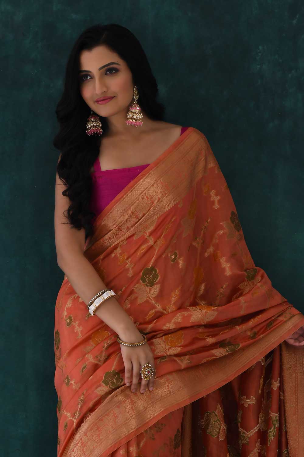 Peach Pure Katan Dupion Silk Banarasi Handloom Silk Saree With Meenakari Jaal