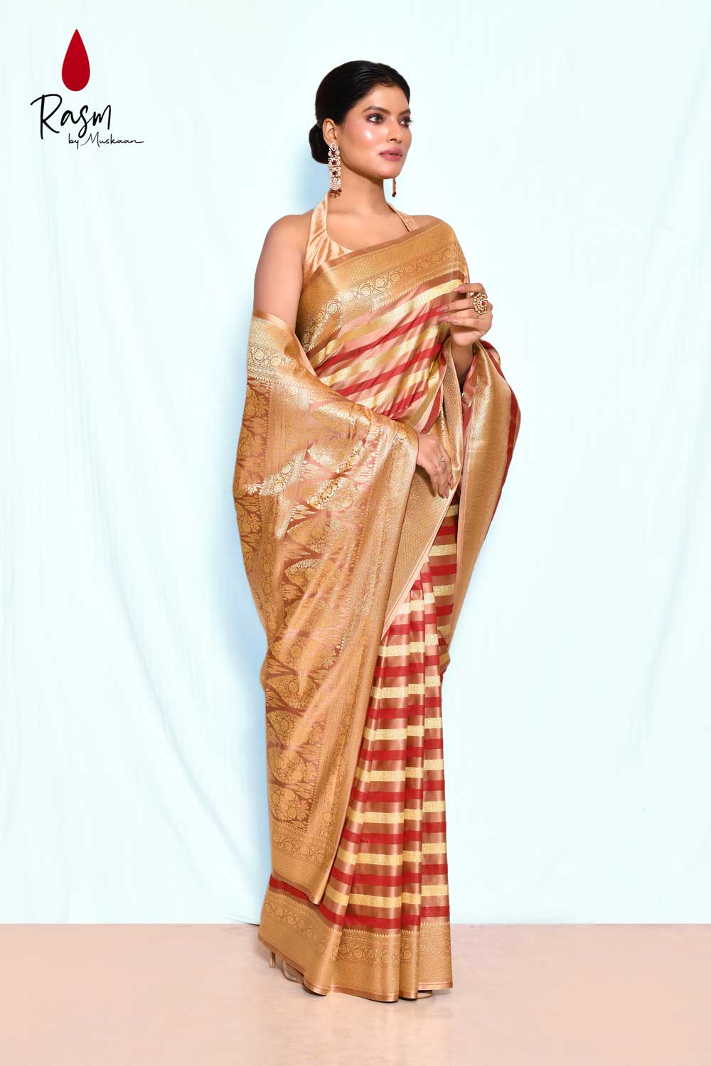 Tanchoi Banarasi Handloom Saree With Contemporary Stripe Pattern Design