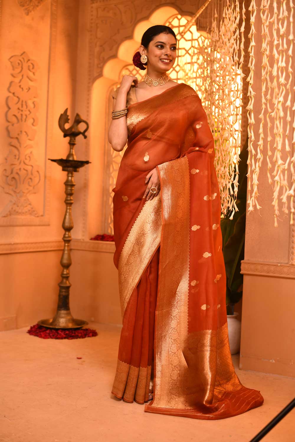 Rust Pure Kora Organza Banarasi Handloom Silk Saree With Kadhua Boota In Gold Zari
