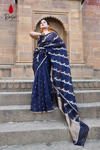 Navy Blue  Pure Kora Organza Banarasi Handloom Silk Saree With Modern Contemporary Body Handwoven In Ropa And Sona Zari