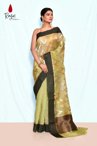 Pure Kora Organza Banarasi Handloom Silk Saree With Modern Contemporary Body Handwoven In Ropa And Sona Zari