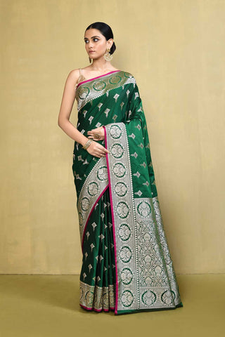 Bottle Green Banarasi Handloom Saree With Blouse