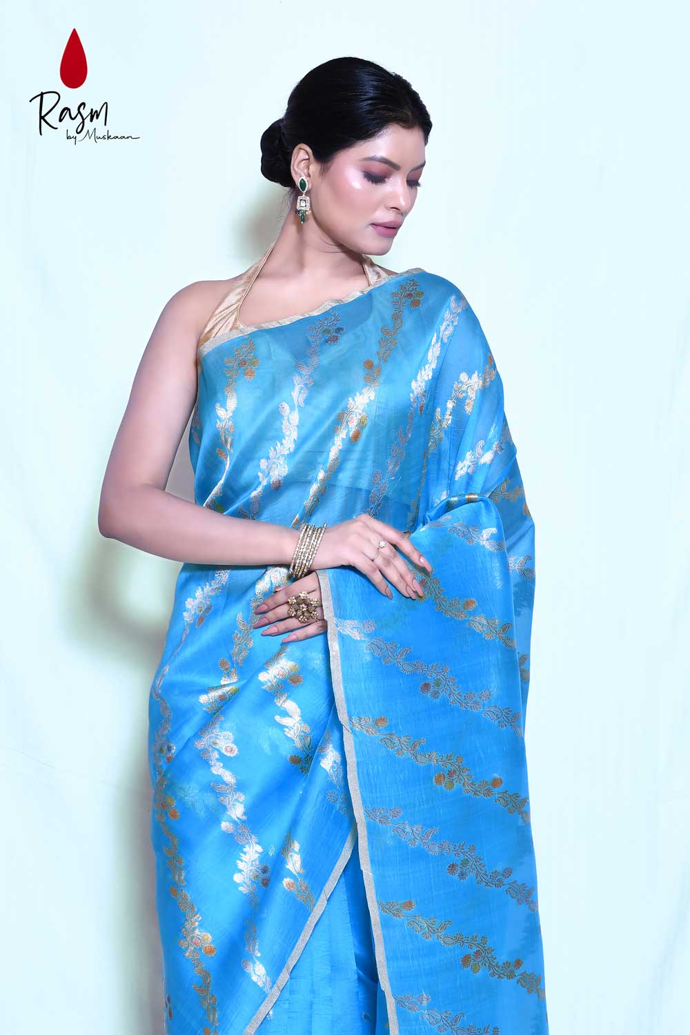 Blue Pure Kora Organza Banarasi Handloom Silk Saree With Modern Contemporary Body In Gold And Silver Zari And Meenakari Work