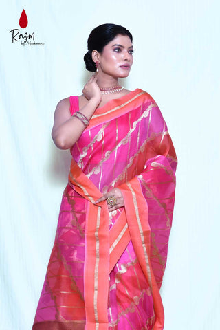 Pink Pure Kora Organza Banarasi Handloom Saree
